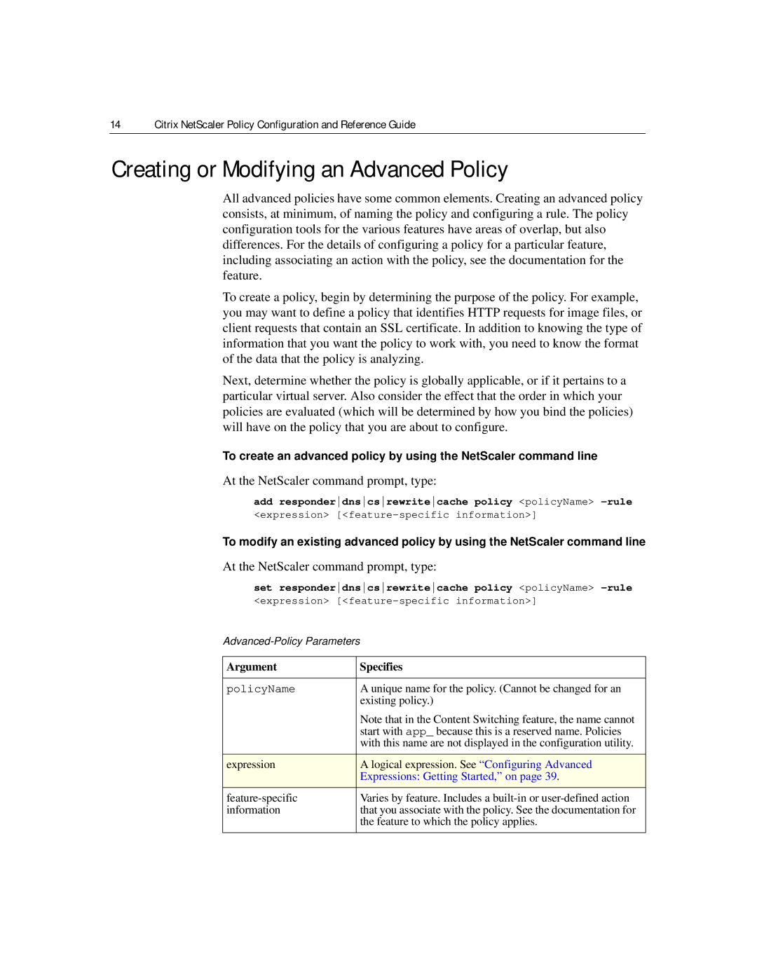 Citrix Systems 9.2 manual Creating or Modifying an Advanced Policy, Advanced-Policy Parameters, Argument Specifies 