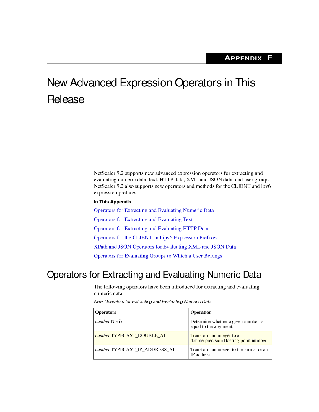 Citrix Systems 9.2 New Advanced Expression Operators in This Release, Operators for Extracting and Evaluating Numeric Data 