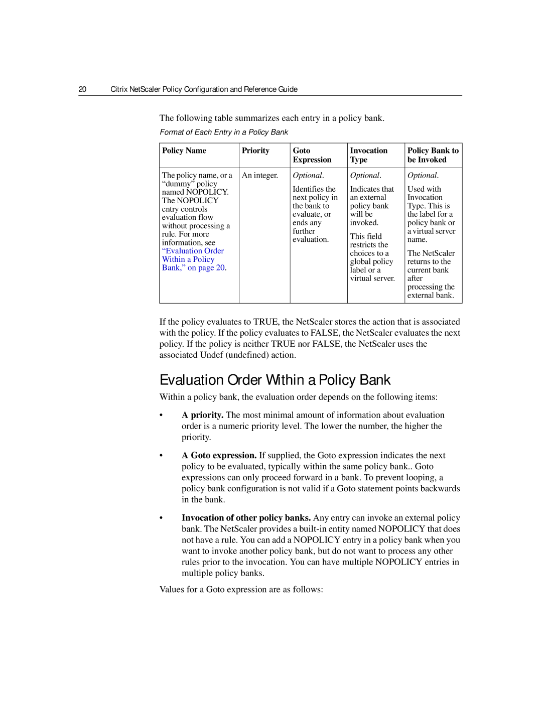 Citrix Systems 9.2 manual Evaluation Order Within a Policy Bank, Format of Each Entry in a Policy Bank, Optional 