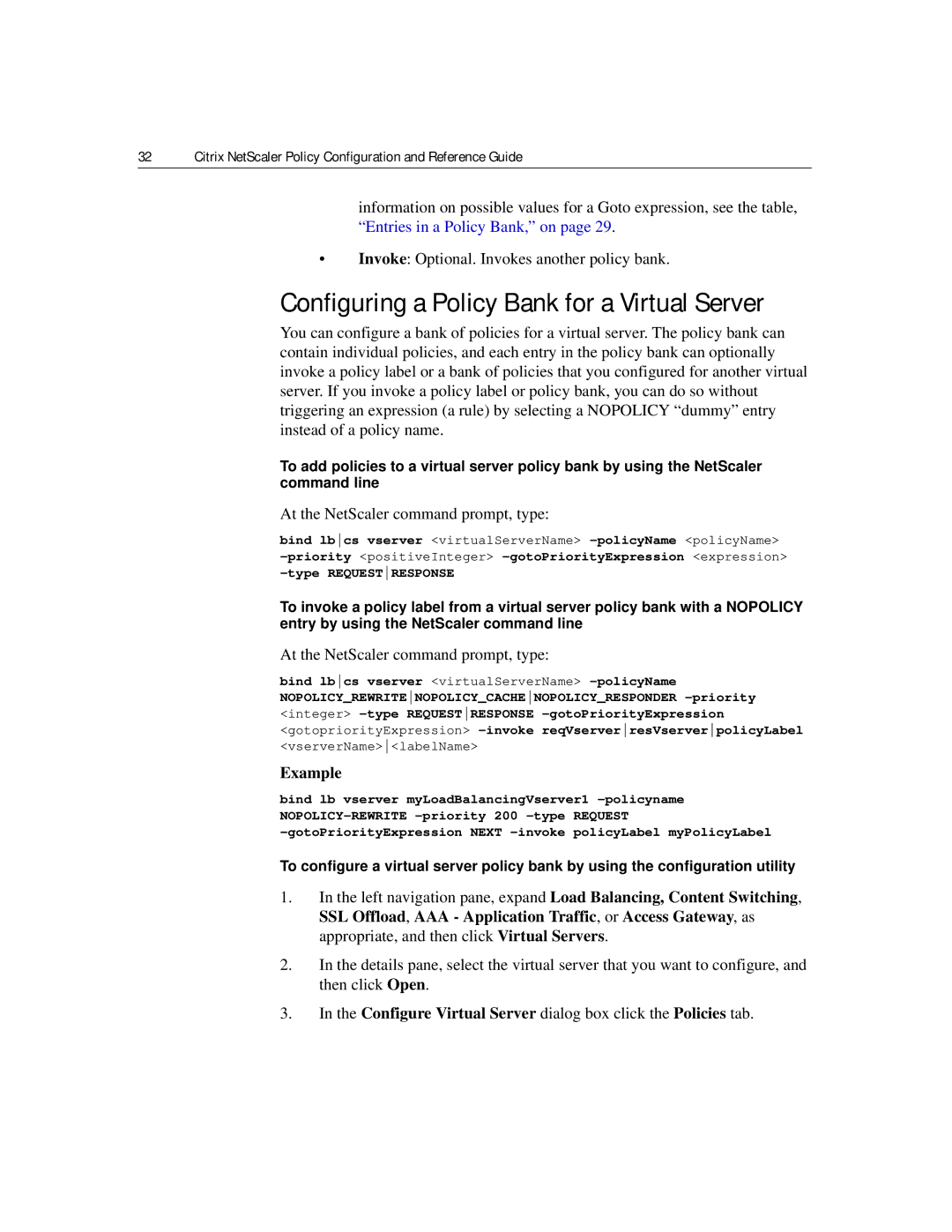 Citrix Systems 9.2 manual Configuring a Policy Bank for a Virtual Server 