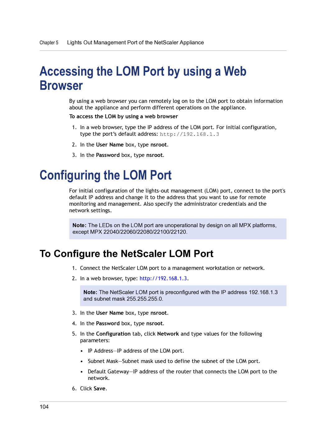 Citrix Systems 9.3 setup guide Accessing the LOM Port by using a Web Browser, Configuring the LOM Port 