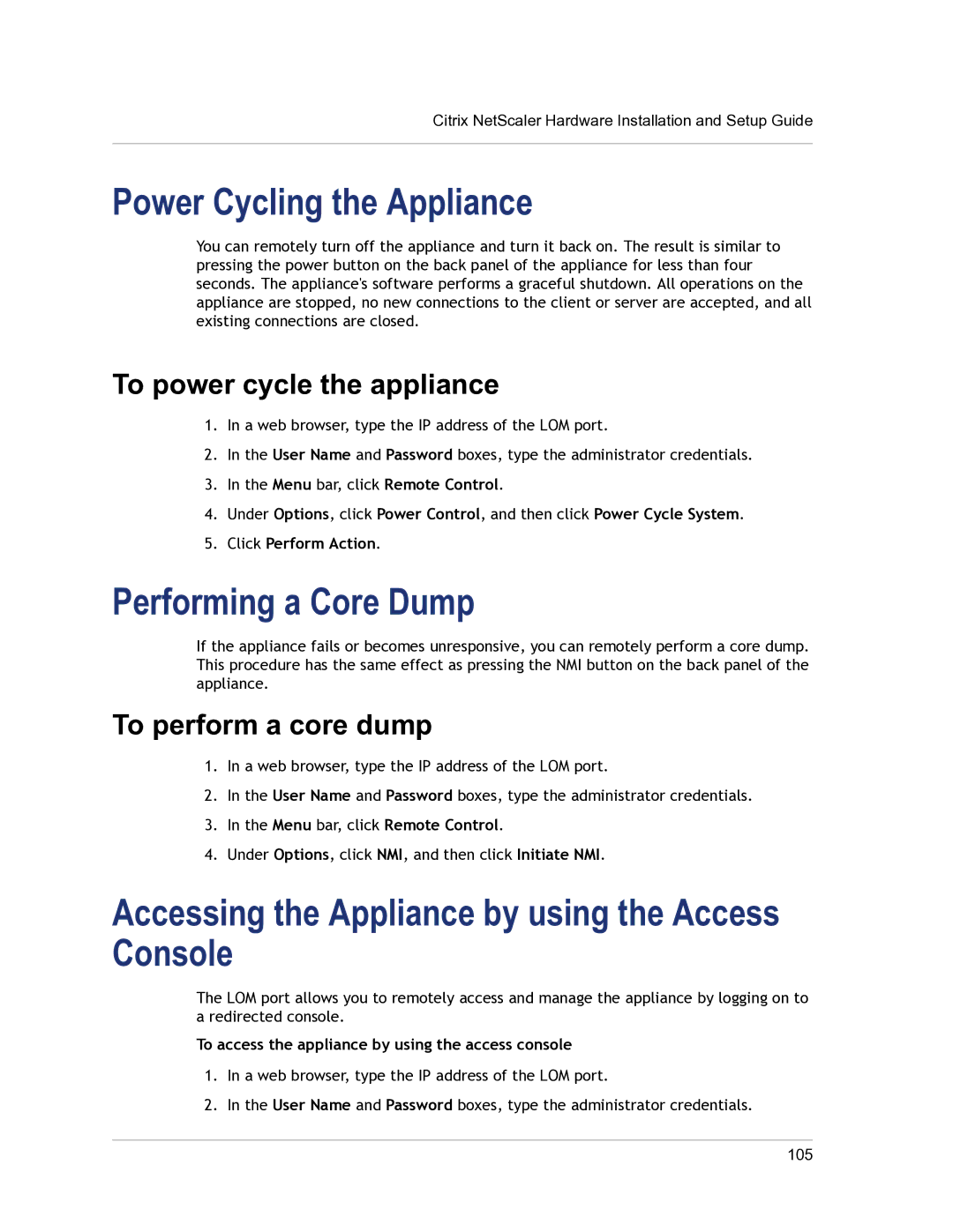 Citrix Systems 9.3 setup guide Power Cycling the Appliance, Performing a Core Dump, To power cycle the appliance 