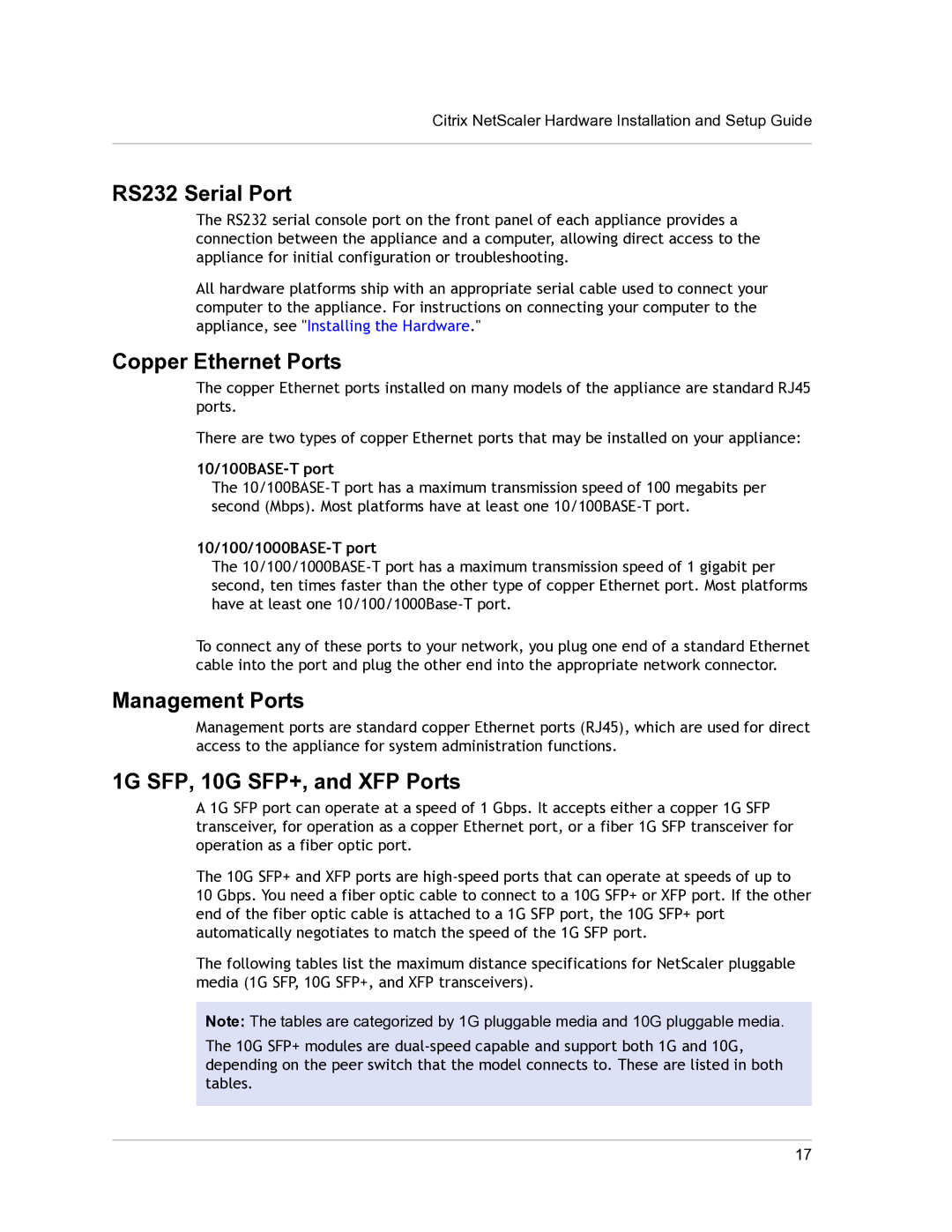 Citrix Systems 9.3 setup guide RS232 Serial Port, Copper Ethernet Ports, Management Ports, 1G SFP, 10G SFP+, and XFP Ports 