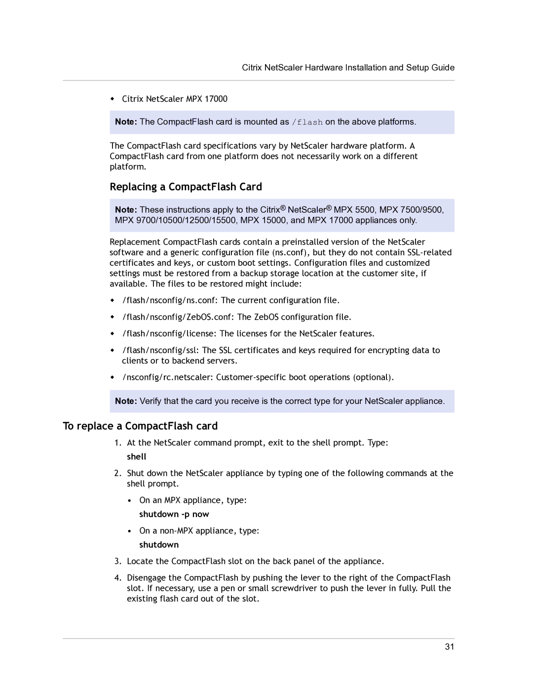 Citrix Systems 9.3 setup guide Replacing a CompactFlash Card 