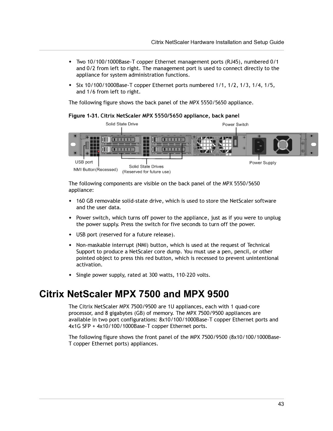 Citrix Systems 9.3 setup guide Citrix NetScaler MPX 7500 and MPX, Citrix NetScaler MPX 5550/5650 appliance, back panel 