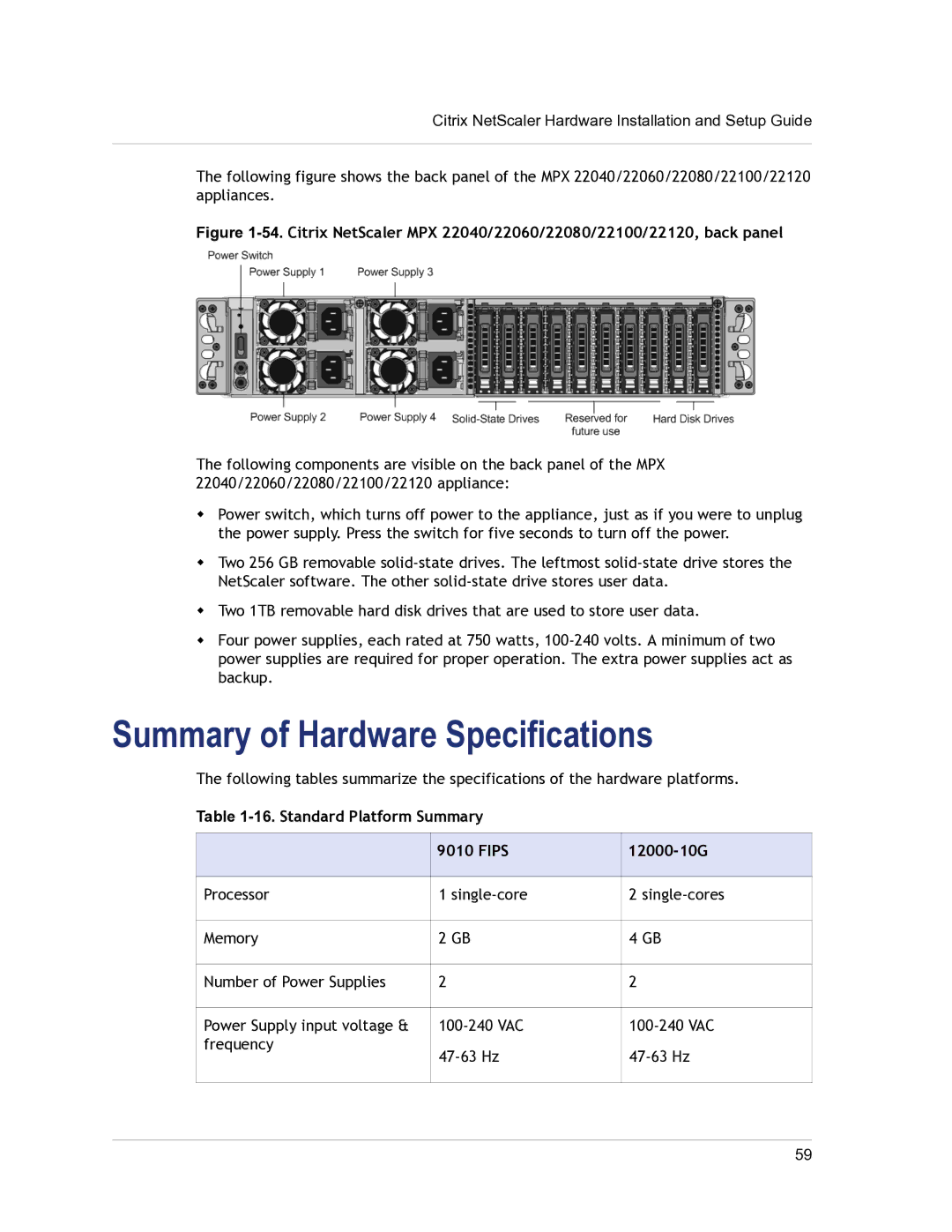 Citrix Systems 9.3 setup guide Summary of Hardware Specifications, Standard Platform Summary Fips 12000-10G 