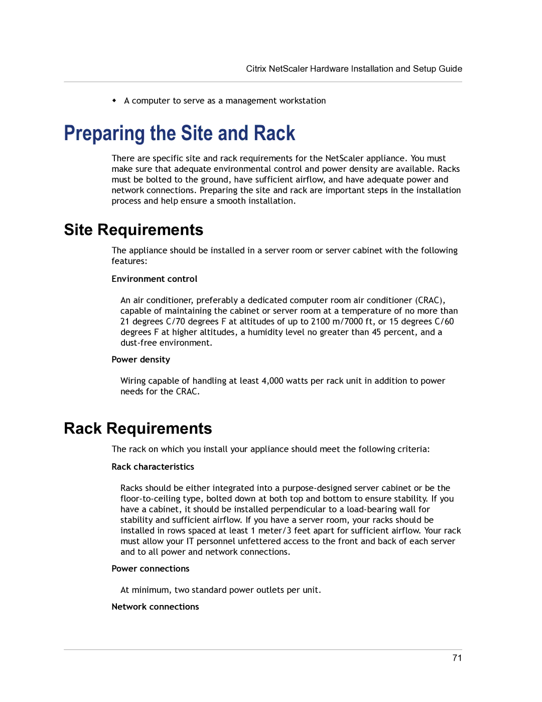 Citrix Systems 9.3 setup guide Preparing the Site and Rack, Site Requirements, Rack Requirements 