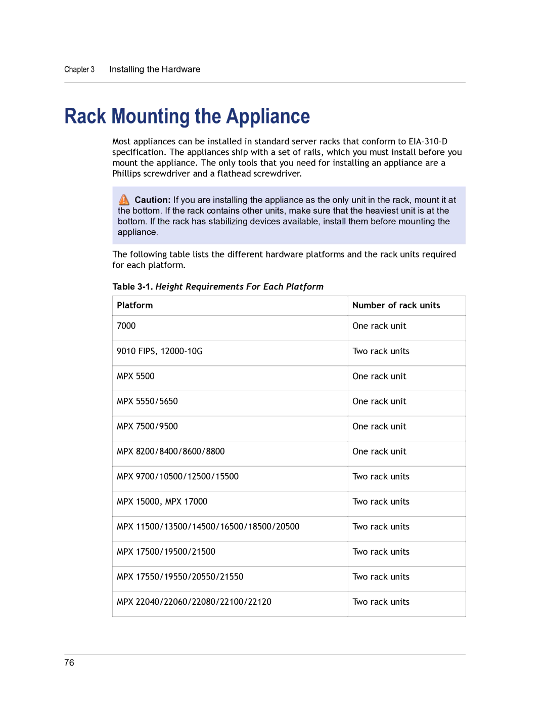 Citrix Systems 9.3 setup guide Rack Mounting the Appliance, Platform Number of rack units 