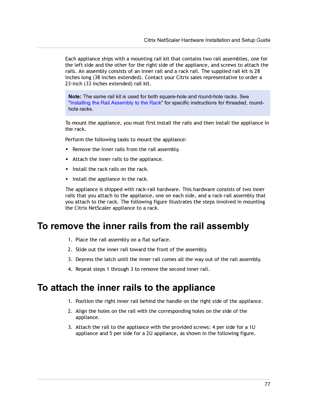 Citrix Systems 9.3 setup guide To remove the inner rails from the rail assembly, To attach the inner rails to the appliance 