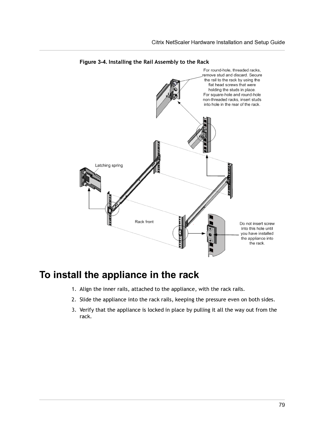 Citrix Systems 9.3 setup guide To install the appliance in the rack, Installing the Rail Assembly to the Rack 