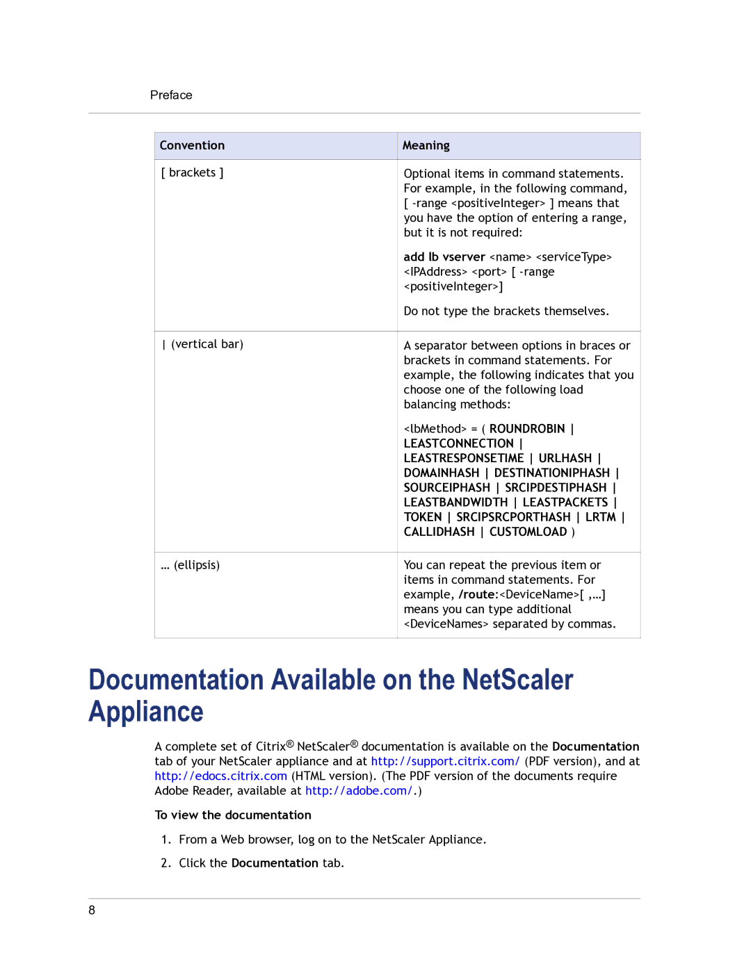 Citrix Systems 9.3 Documentation Available on the NetScaler Appliance, Convention Meaning, To view the documentation 