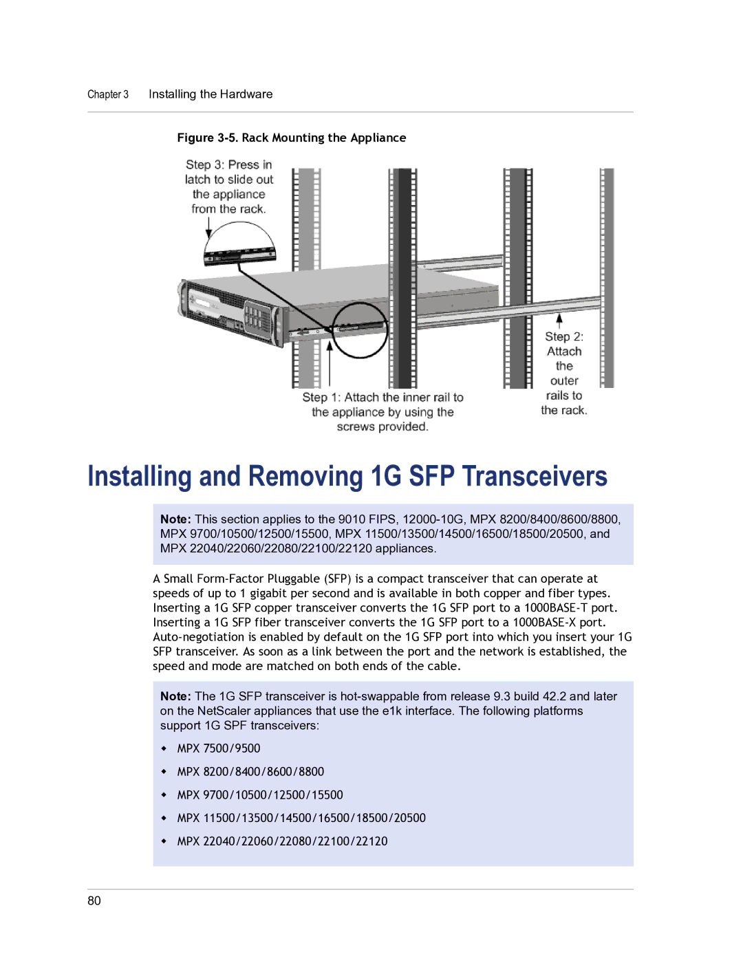 Citrix Systems 9.3 setup guide Installing and Removing 1G SFP Transceivers, Rack Mounting the Appliance 