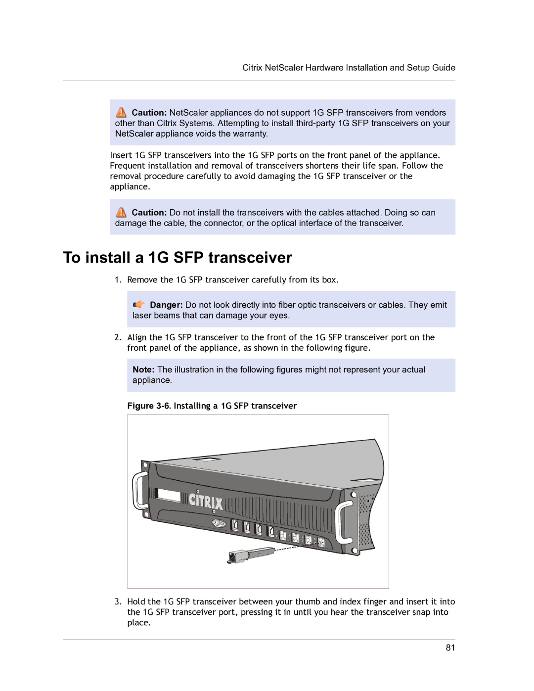 Citrix Systems 9.3 setup guide To install a 1G SFP transceiver, Installing a 1G SFP transceiver 