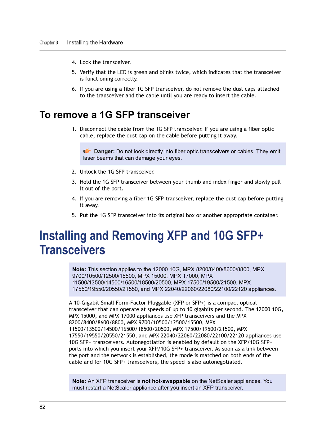 Citrix Systems 9.3 setup guide Installing and Removing XFP and 10G SFP+ Transceivers, To remove a 1G SFP transceiver 