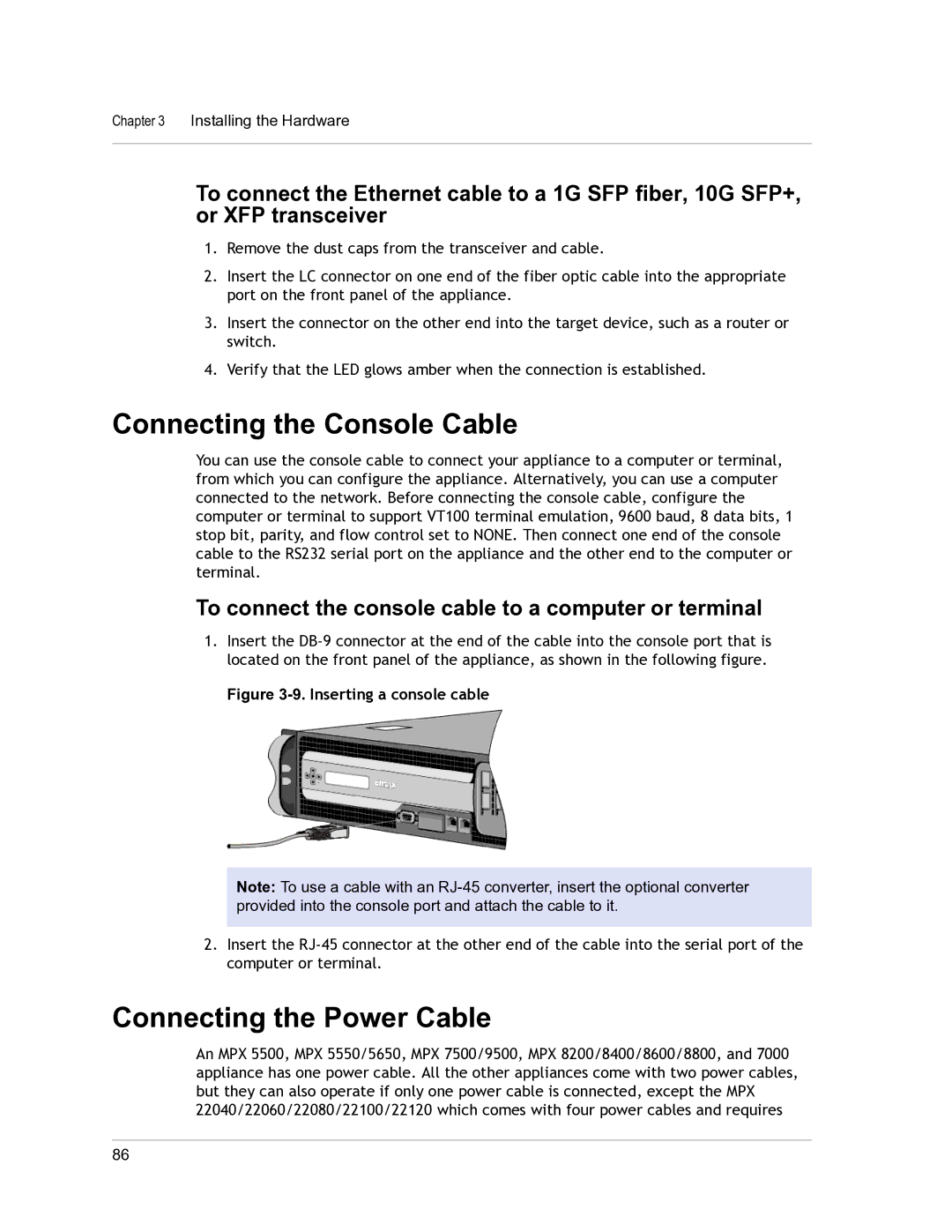 Citrix Systems 9.3 setup guide Connecting the Console Cable, Connecting the Power Cable 