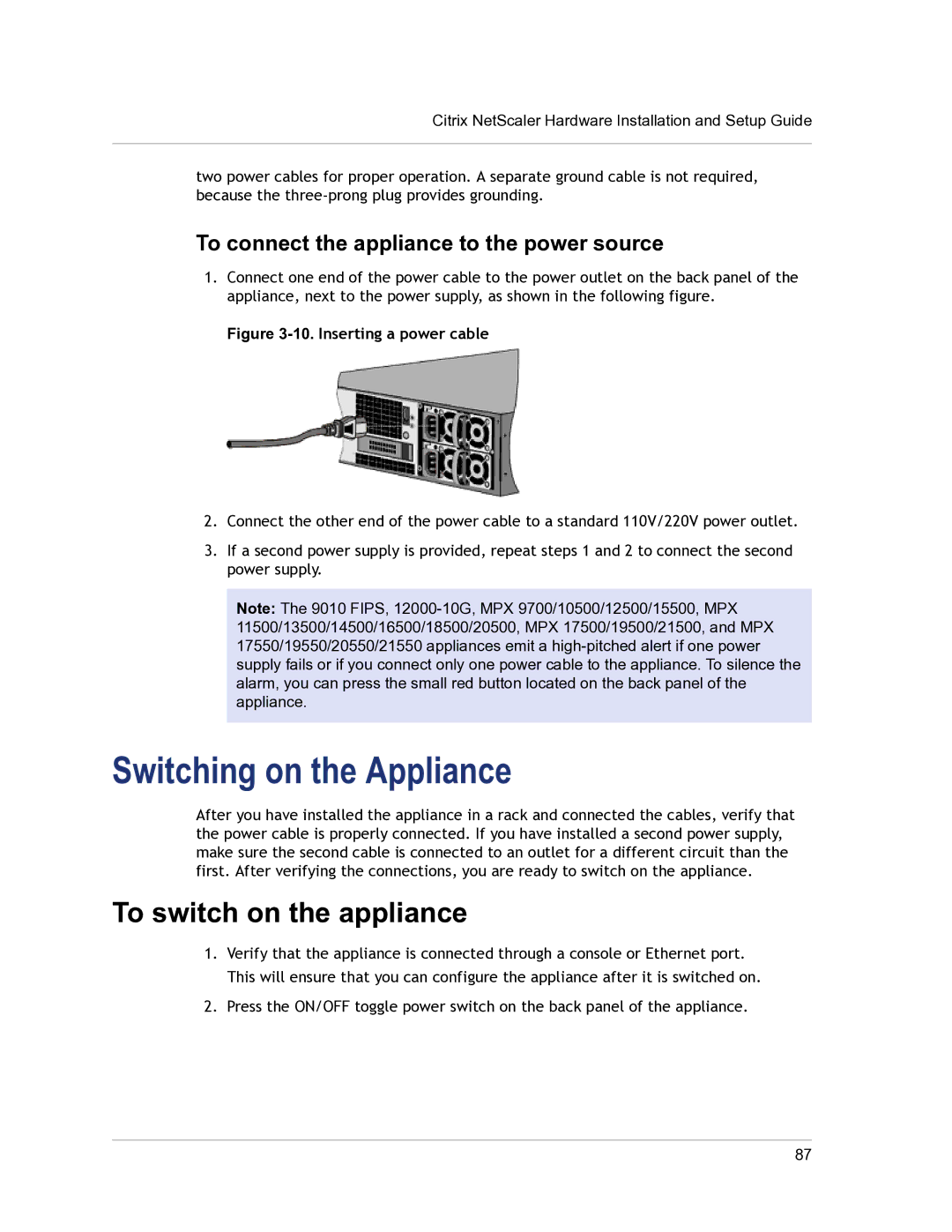 Citrix Systems 9.3 Switching on the Appliance, To switch on the appliance, To connect the appliance to the power source 