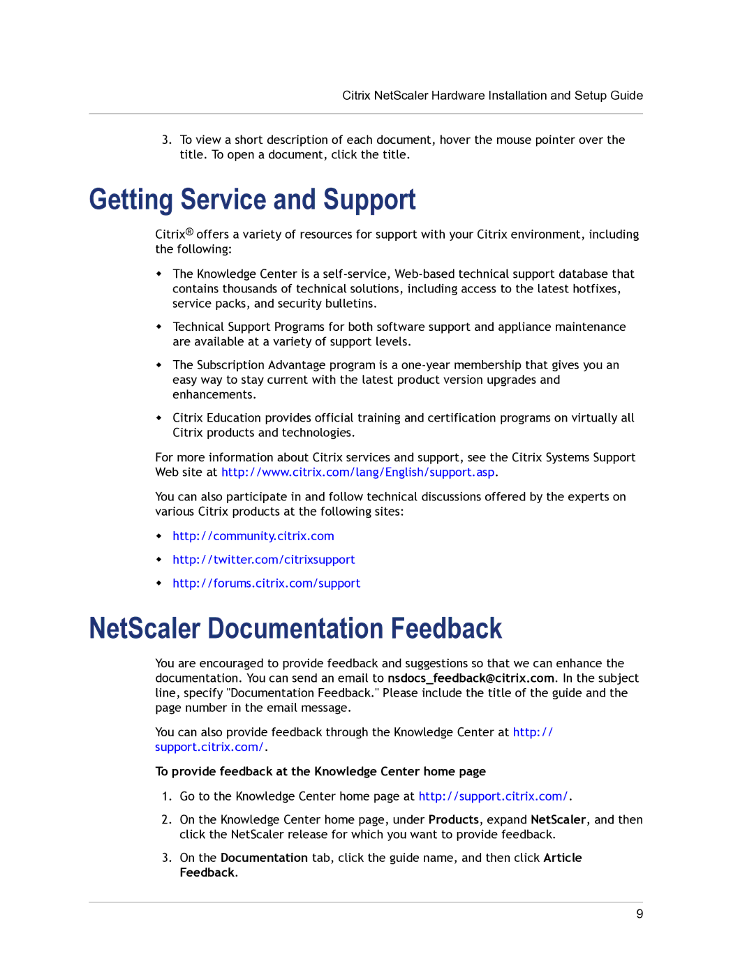 Citrix Systems 9.3 setup guide Getting Service and Support, NetScaler Documentation Feedback 