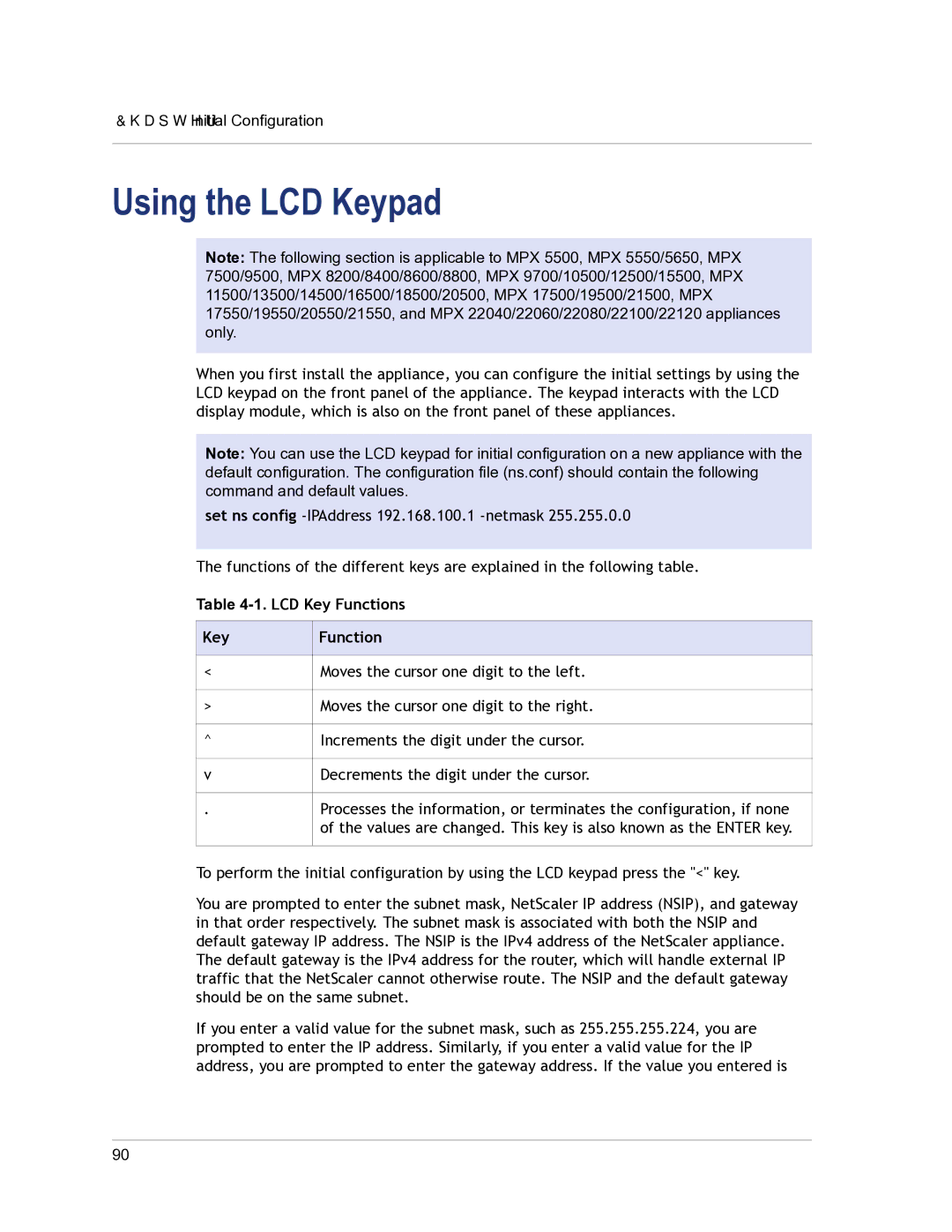 Citrix Systems 9.3 setup guide Using the LCD Keypad, LCD Key Functions 