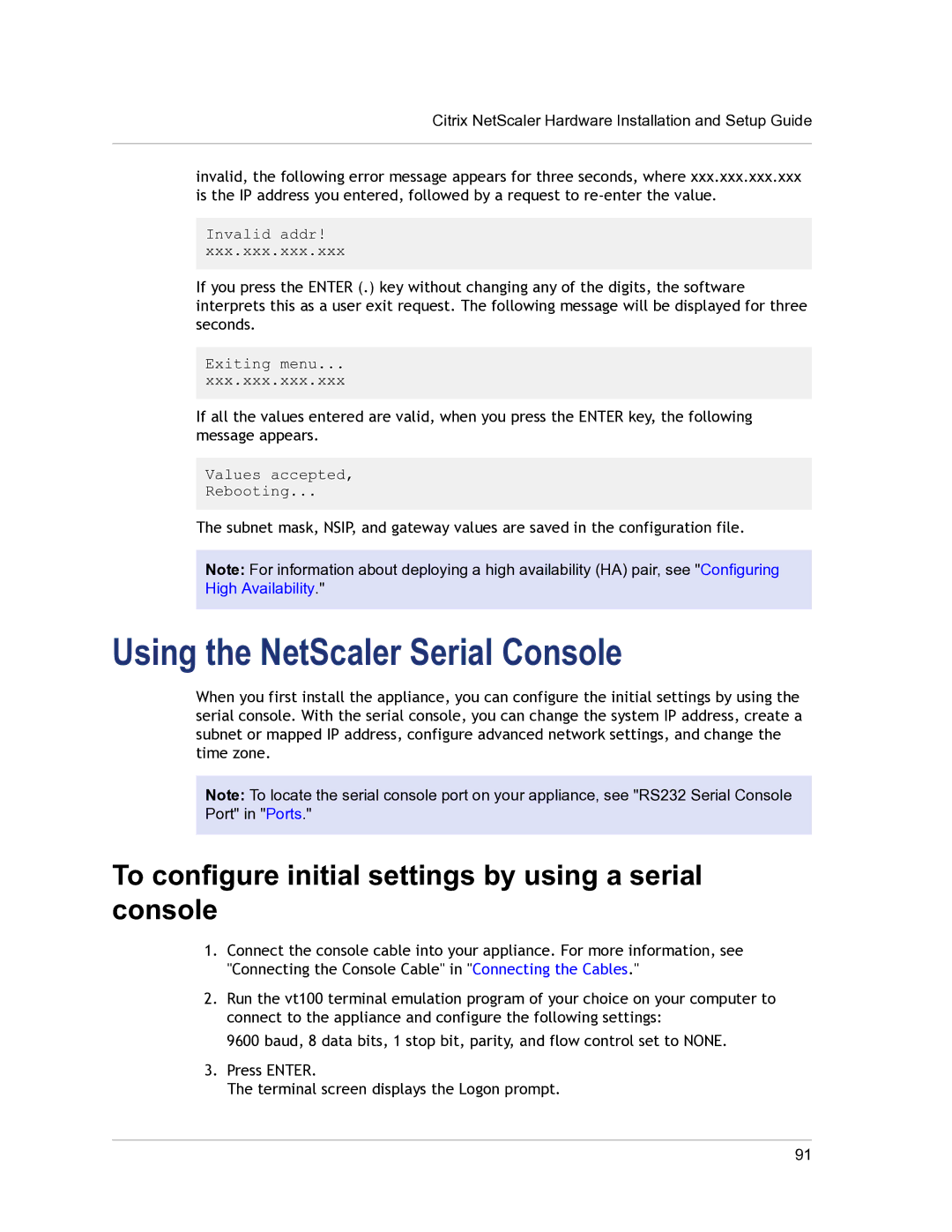 Citrix Systems 9.3 setup guide Using the NetScaler Serial Console, To configure initial settings by using a serial console 