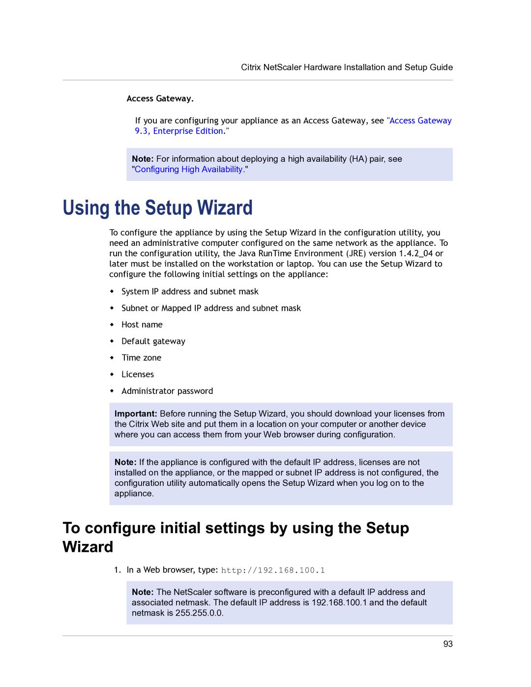 Citrix Systems 9.3 Using the Setup Wizard, To configure initial settings by using the Setup Wizard, Access Gateway 