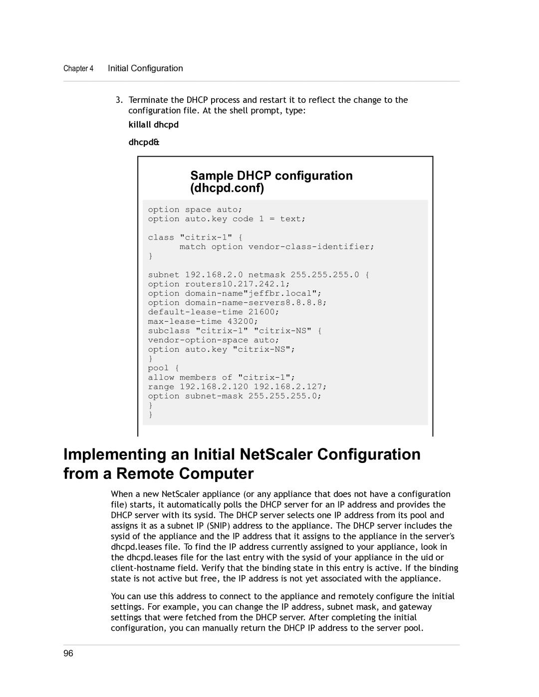 Citrix Systems 9.3 setup guide Sample Dhcp configuration dhcpd.conf, Killall dhcpd dhcpd 