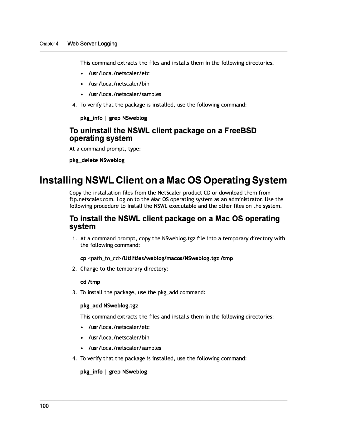 Citrix Systems CITRIX NETSCALER 9.3 manual Installing NSWL Client on a Mac OS Operating System, pkgdelete NSweblog 