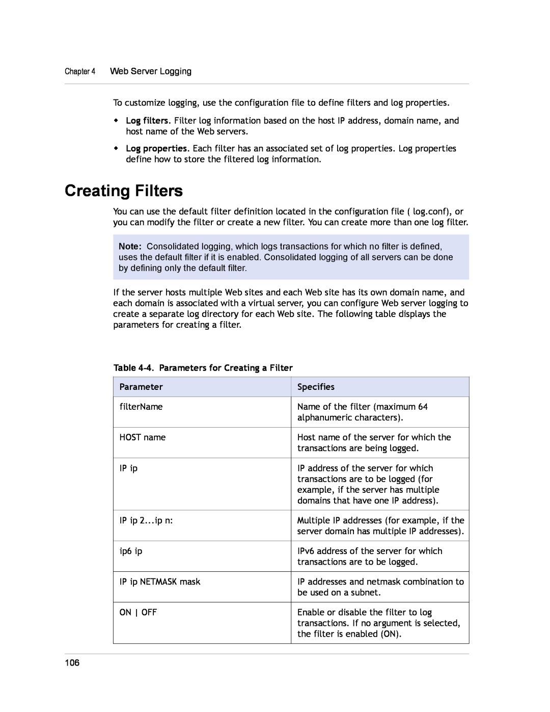 Citrix Systems CITRIX NETSCALER 9.3 manual 4. Parameters for Creating a Filter, Creating Filters, Specifies 