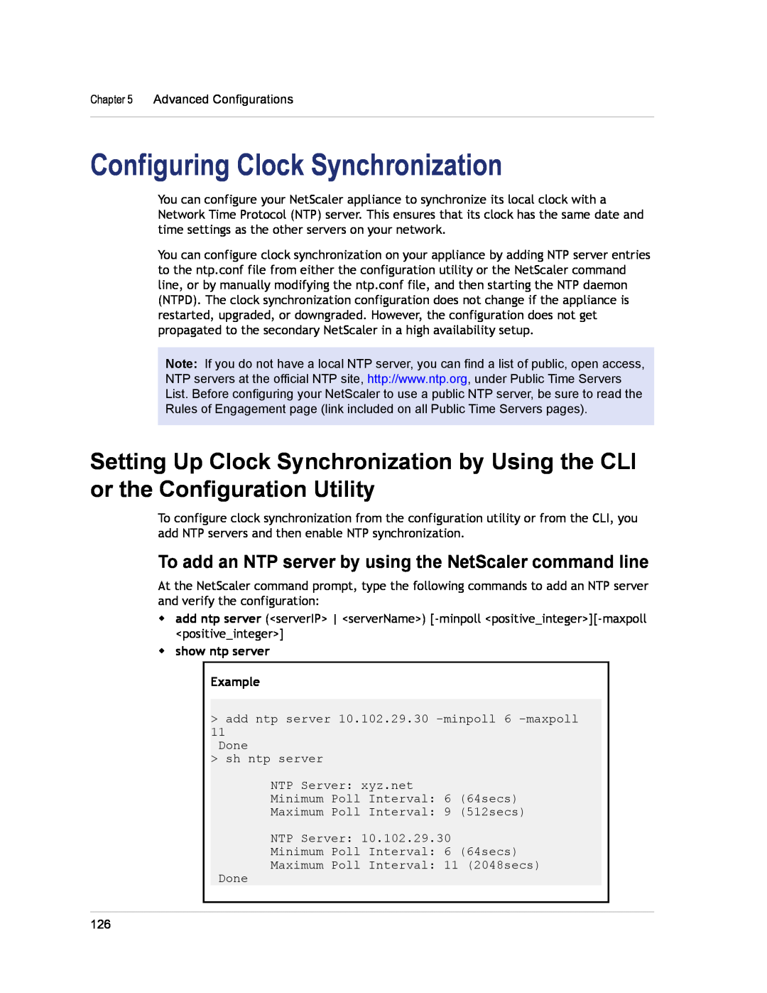 Citrix Systems CITRIX NETSCALER 9.3 manual Configuring Clock Synchronization, w show ntp server Example 