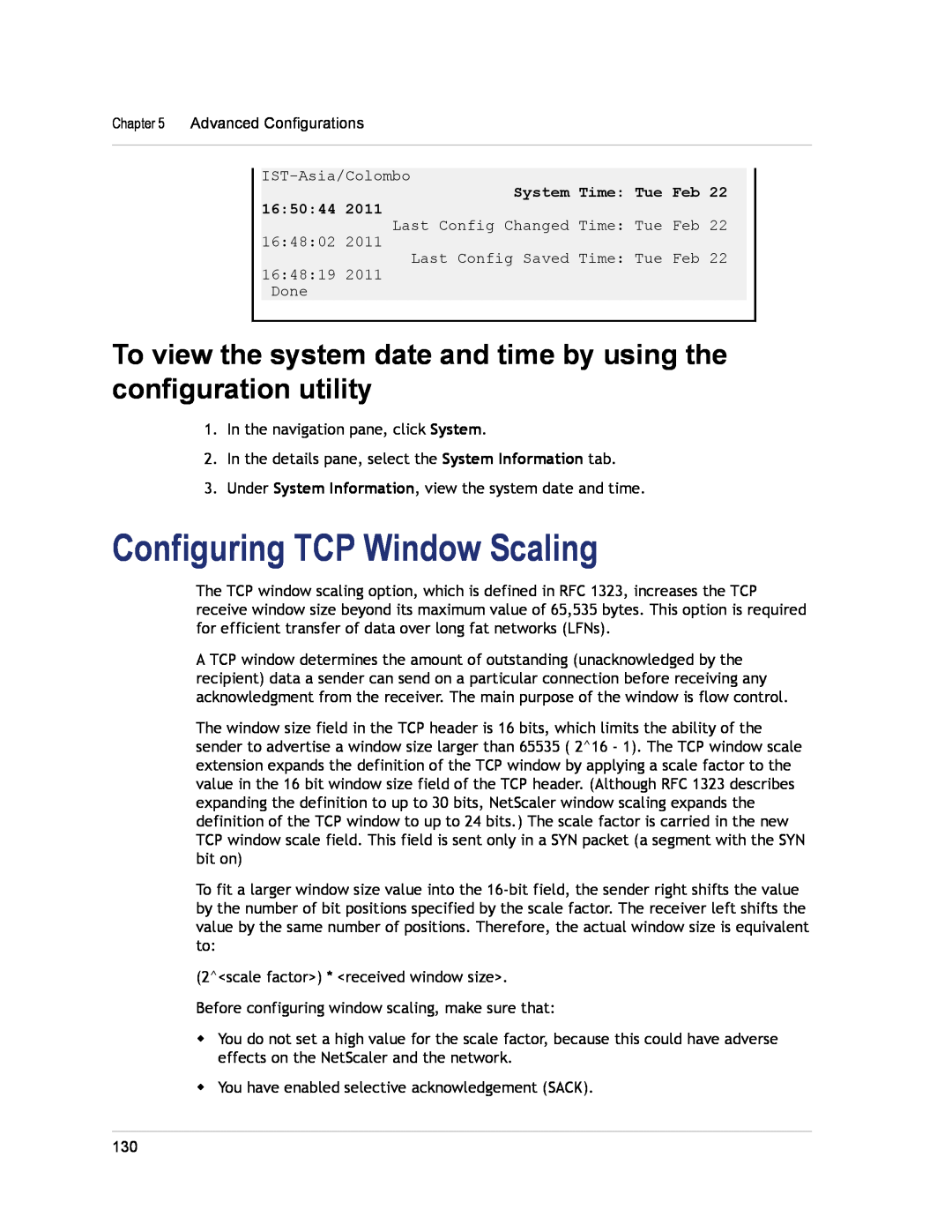Citrix Systems CITRIX NETSCALER 9.3 manual Configuring TCP Window Scaling, System Time Tue Feb 165044 