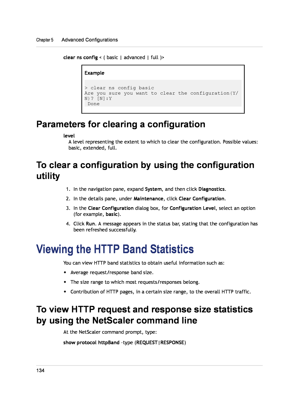 Citrix Systems CITRIX NETSCALER 9.3 manual Viewing the HTTP Band Statistics, Parameters for clearing a configuration, level 