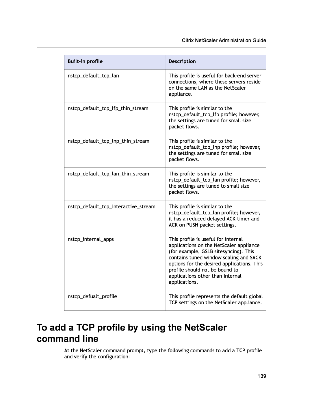 Citrix Systems CITRIX NETSCALER 9.3 manual To add a TCP profile by using the NetScaler command line, Built-in profile 