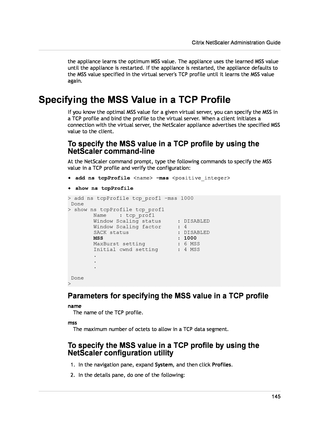 Citrix Systems CITRIX NETSCALER 9.3 manual Specifying the MSS Value in a TCP Profile 