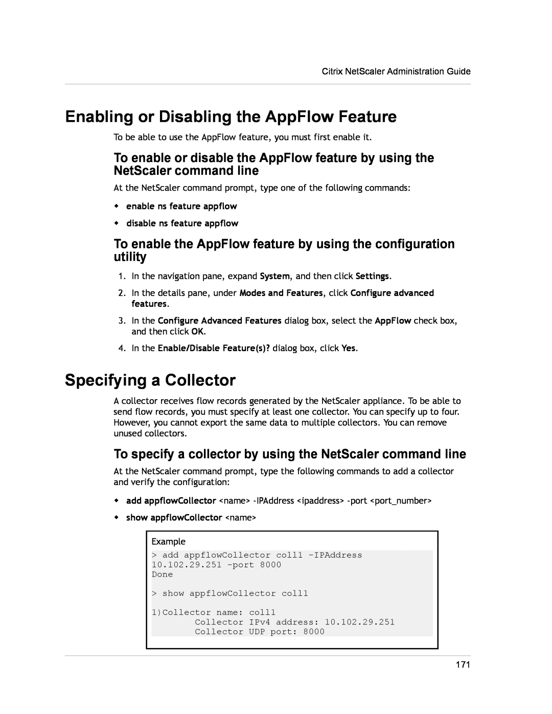 Citrix Systems CITRIX NETSCALER 9.3 manual Enabling or Disabling the AppFlow Feature, Specifying a Collector 