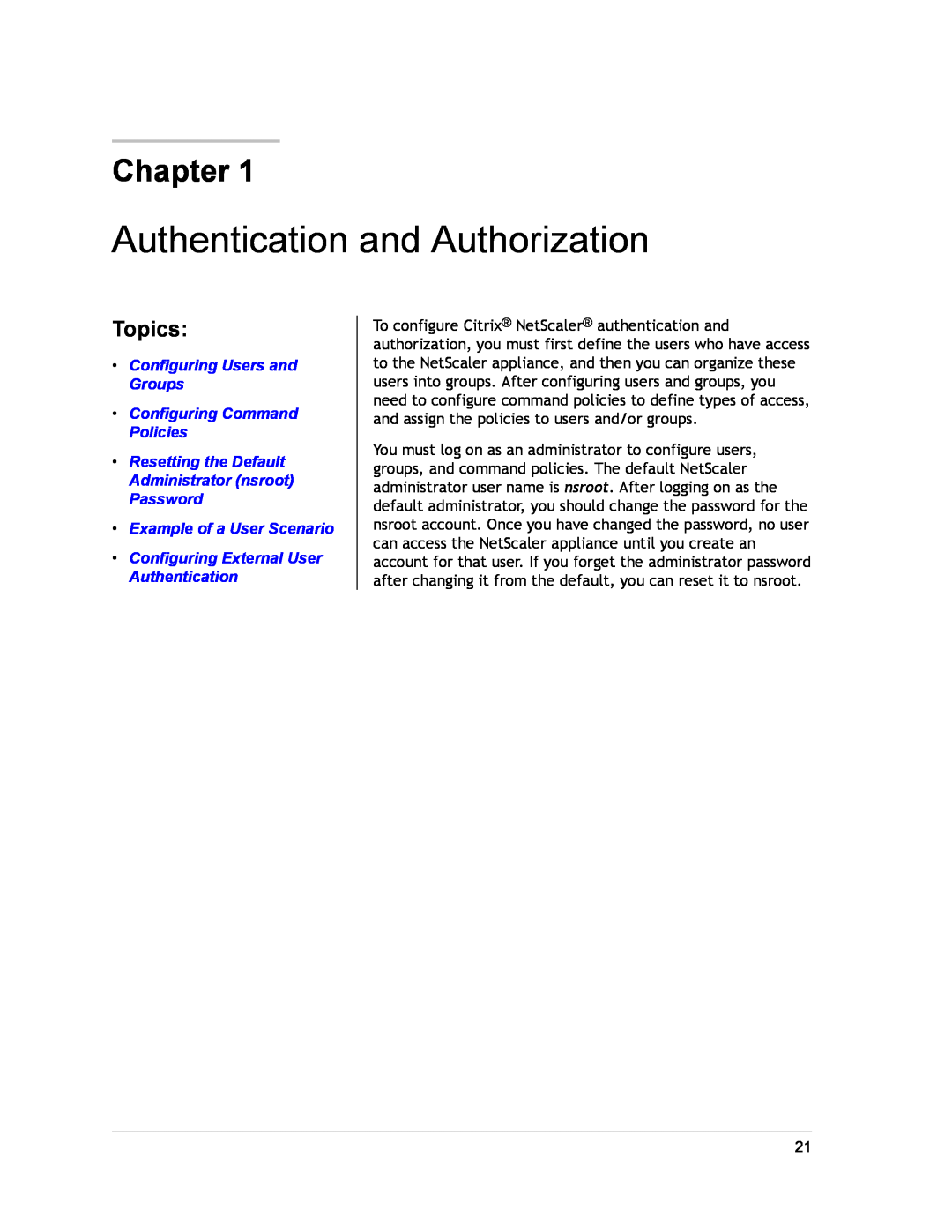 Citrix Systems CITRIX NETSCALER 9.3 manual Authentication and Authorization, Chapter, Topics 