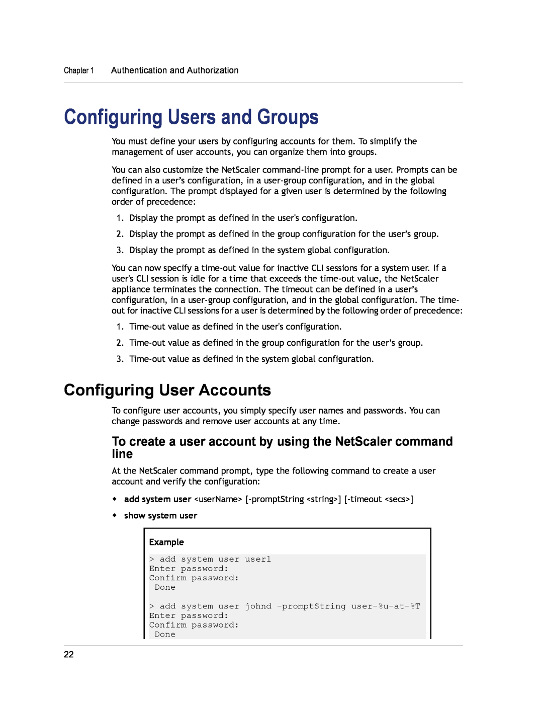 Citrix Systems CITRIX NETSCALER 9.3 Configuring Users and Groups, Configuring User Accounts, w show system user Example 