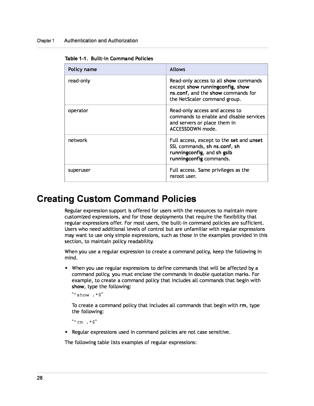 Citrix Systems CITRIX NETSCALER 9.3 Creating Custom Command Policies, 1. Built-in Command Policies, Policy name, Allows 