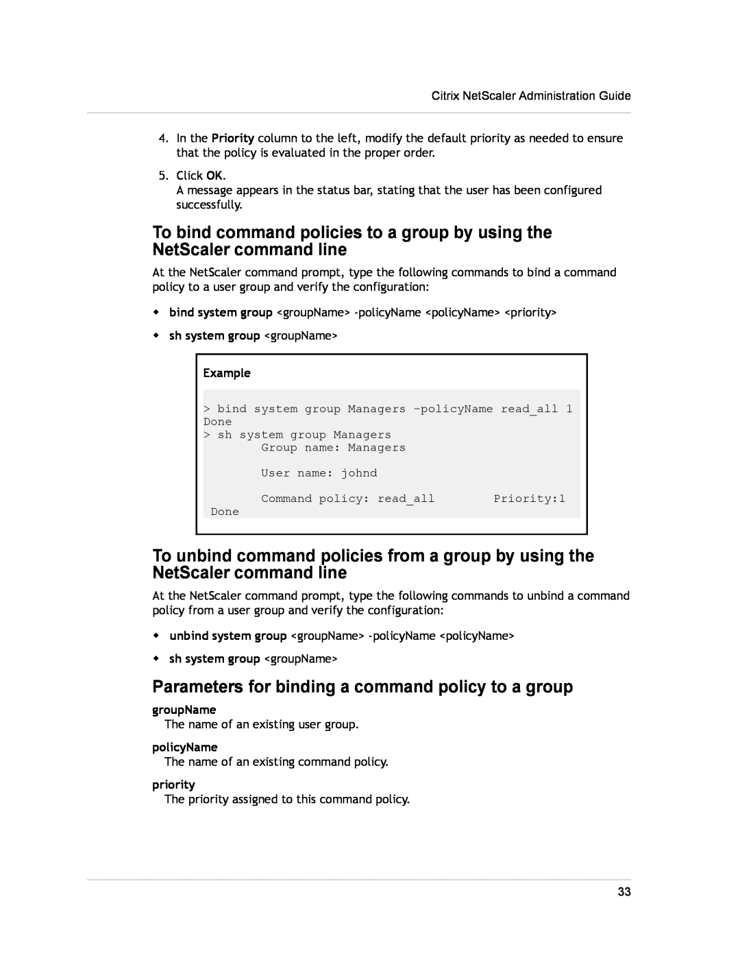 Citrix Systems CITRIX NETSCALER 9.3 manual Parameters for binding a command policy to a group 