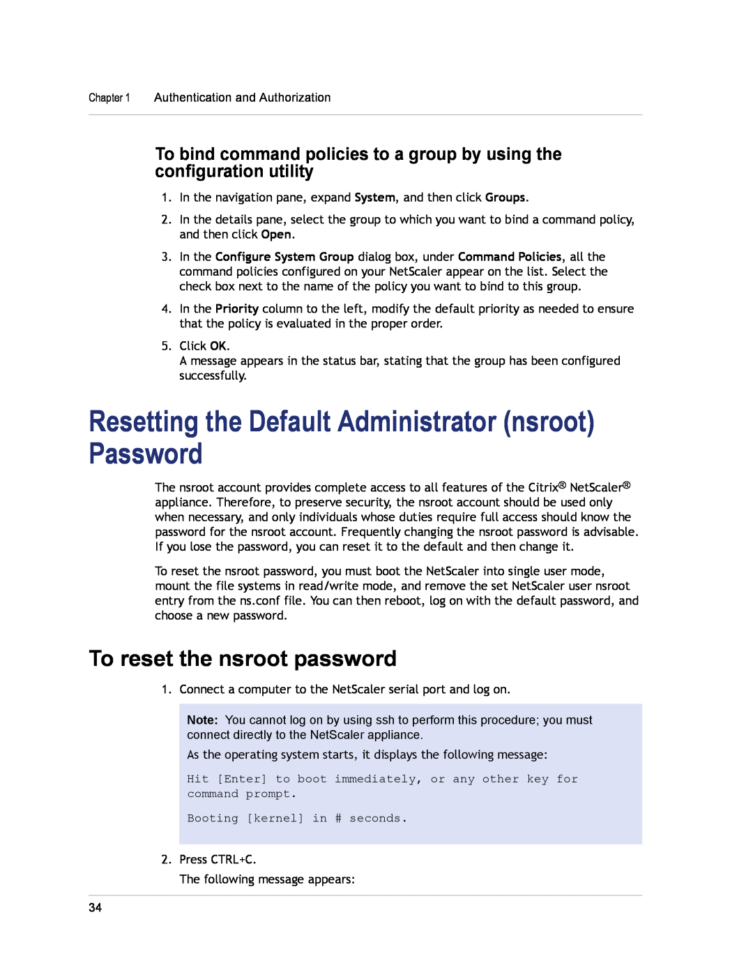 Citrix Systems CITRIX NETSCALER 9.3 Resetting the Default Administrator nsroot Password, To reset the nsroot password 