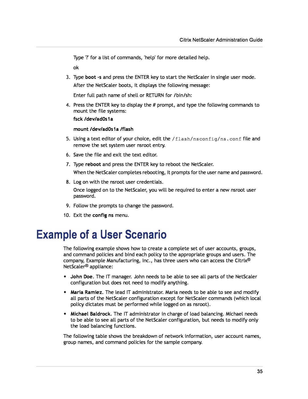 Citrix Systems CITRIX NETSCALER 9.3 manual Example of a User Scenario, fsck /dev/ad0s1a mount /dev/ad0s1a /flash 