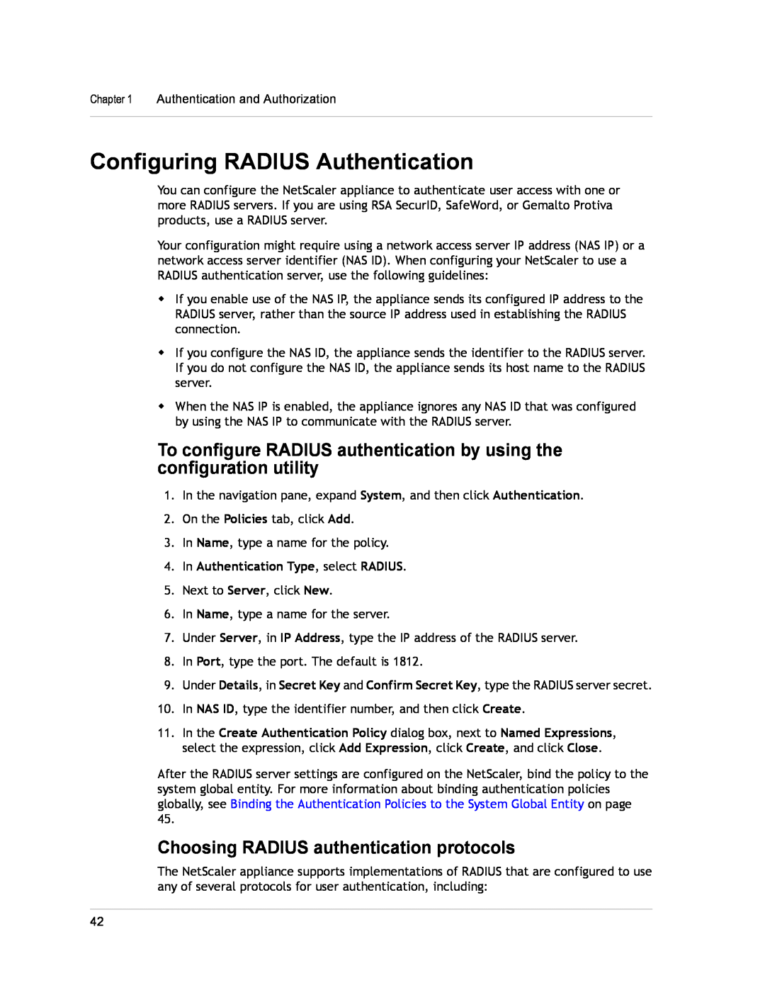 Citrix Systems CITRIX NETSCALER 9.3 manual Configuring RADIUS Authentication, Choosing RADIUS authentication protocols 