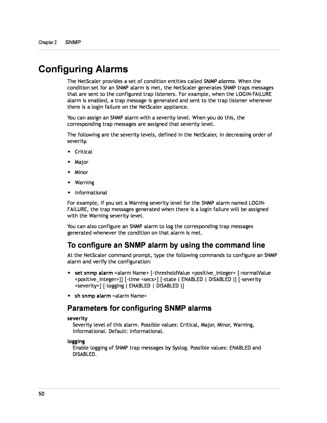 Citrix Systems CITRIX NETSCALER 9.3 Configuring Alarms, To configure an SNMP alarm by using the command line, severity 
