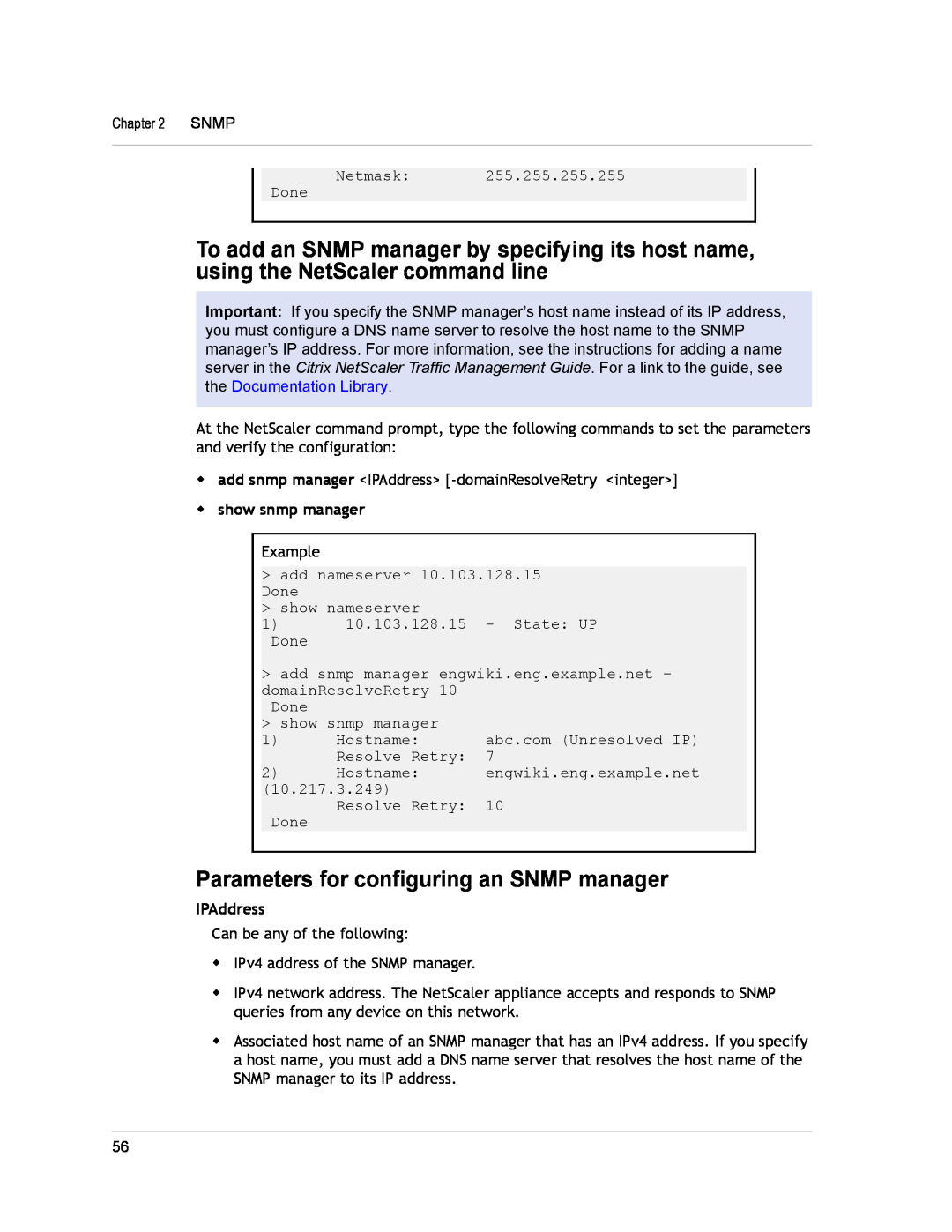 Citrix Systems CITRIX NETSCALER 9.3 manual Parameters for configuring an SNMP manager, IPAddress, w show snmp manager 