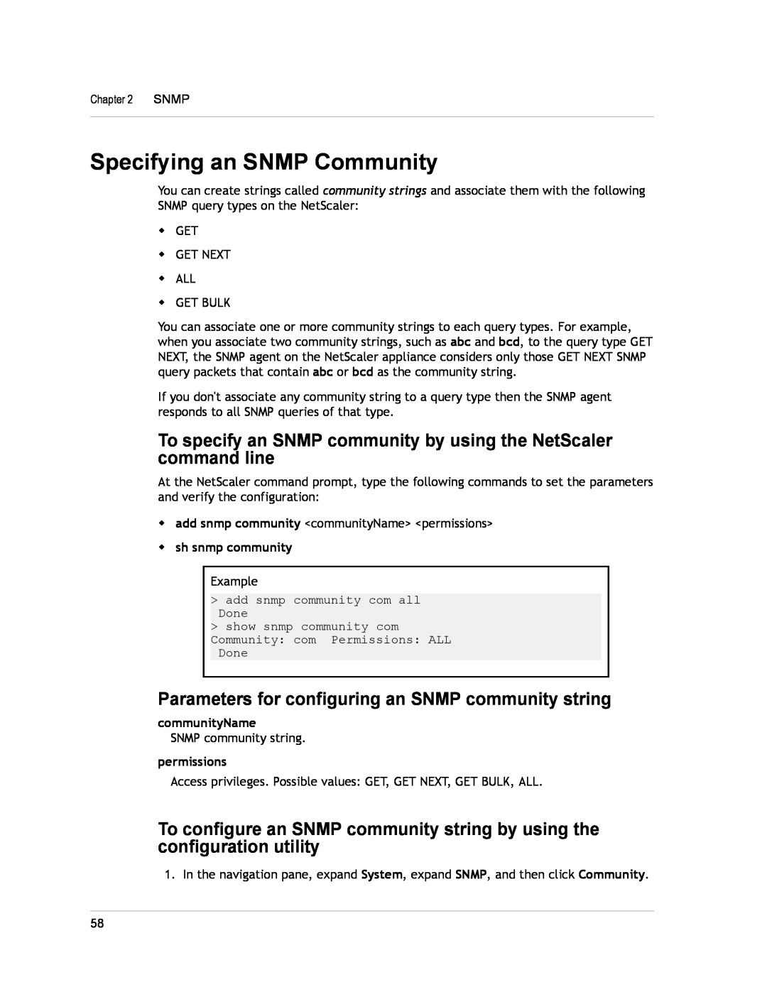 Citrix Systems CITRIX NETSCALER 9.3 Specifying an SNMP Community, Parameters for configuring an SNMP community string 