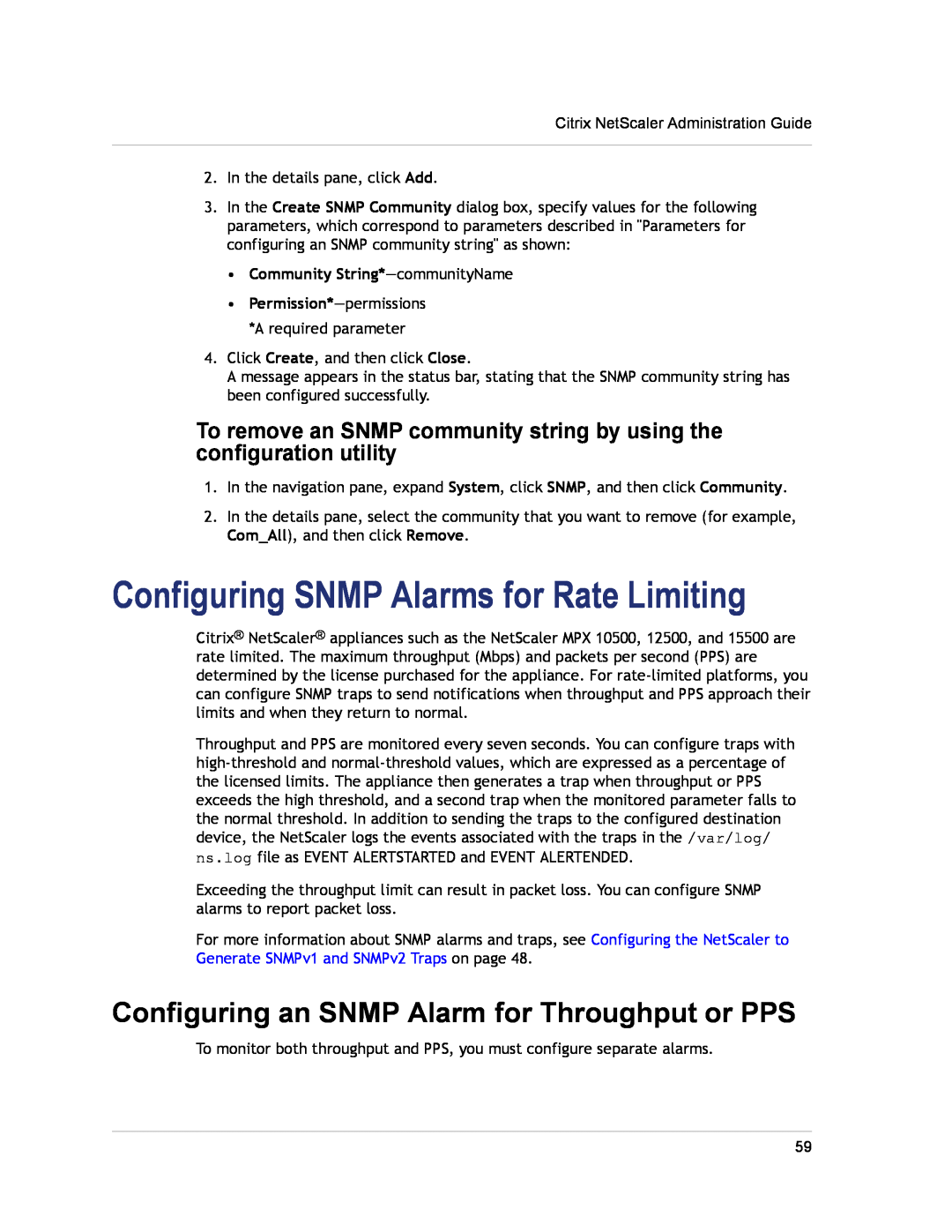Citrix Systems CITRIX NETSCALER 9.3 manual Configuring SNMP Alarms for Rate Limiting, Community String*-communityName 