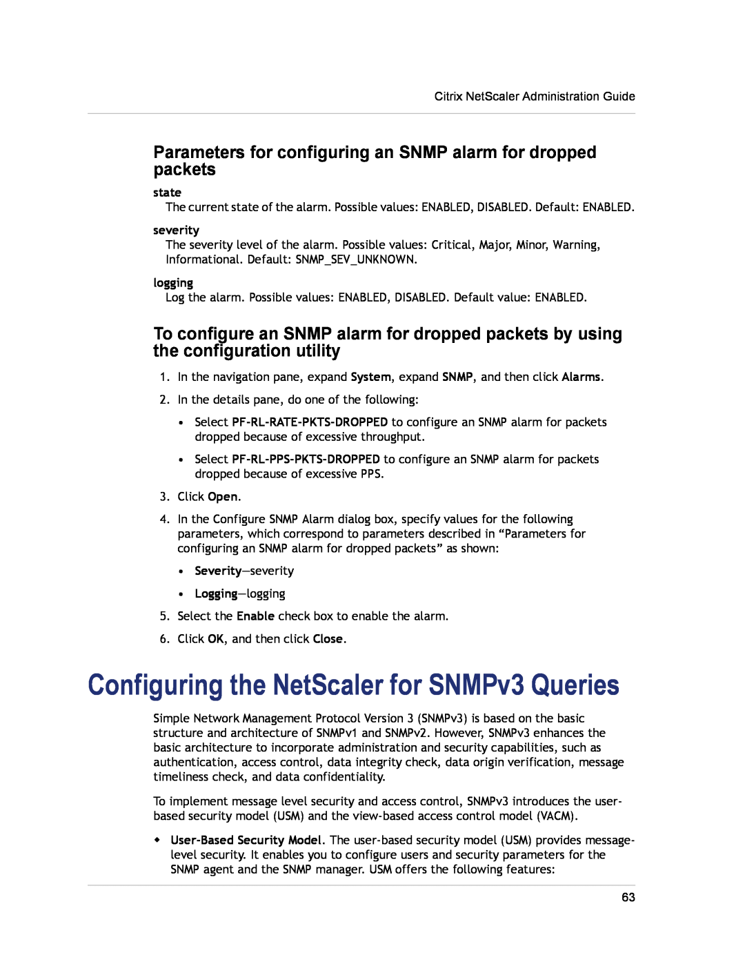 Citrix Systems CITRIX NETSCALER 9.3 manual Configuring the NetScaler for SNMPv3 Queries, state, severity, logging 