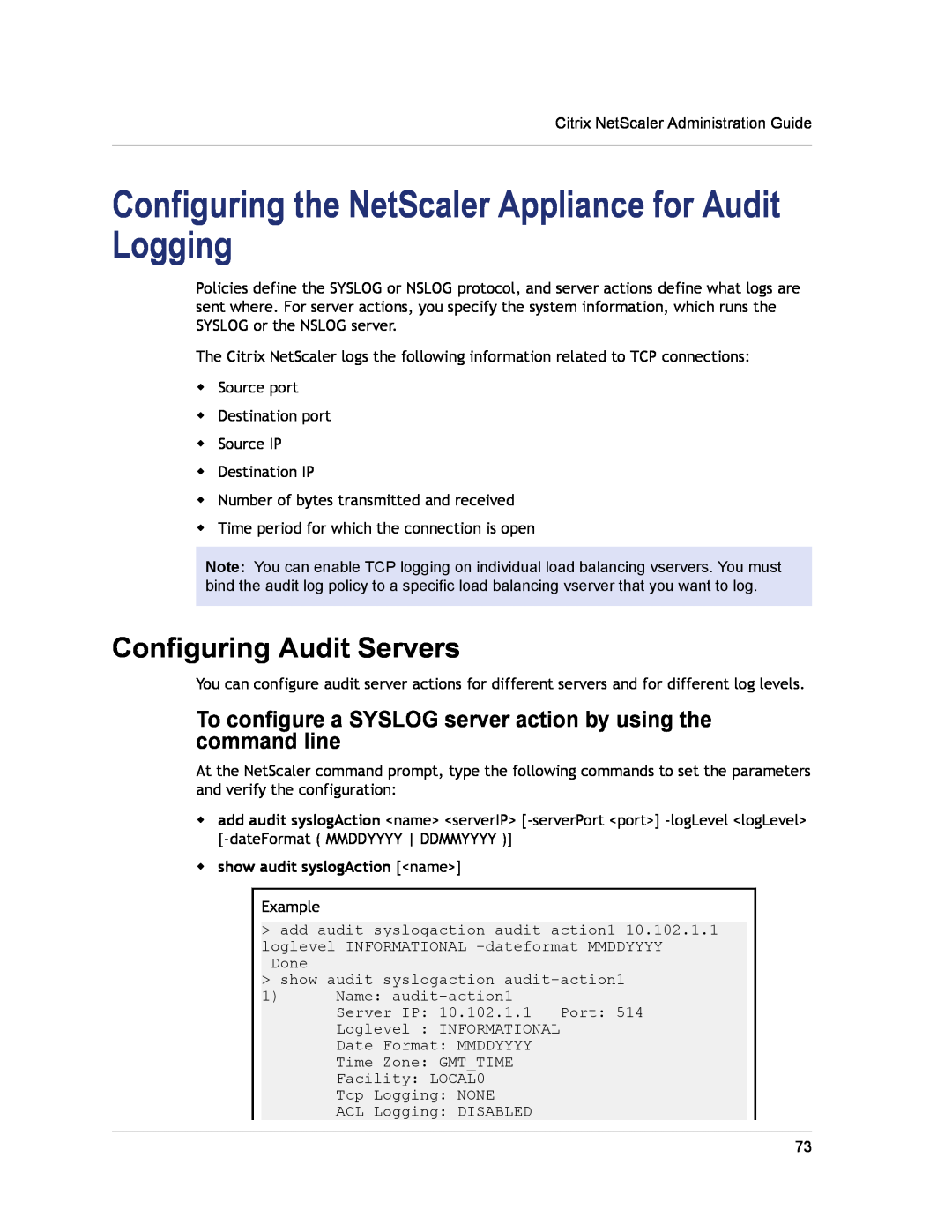 Citrix Systems CITRIX NETSCALER 9.3 manual Configuring the NetScaler Appliance for Audit Logging, Configuring Audit Servers 