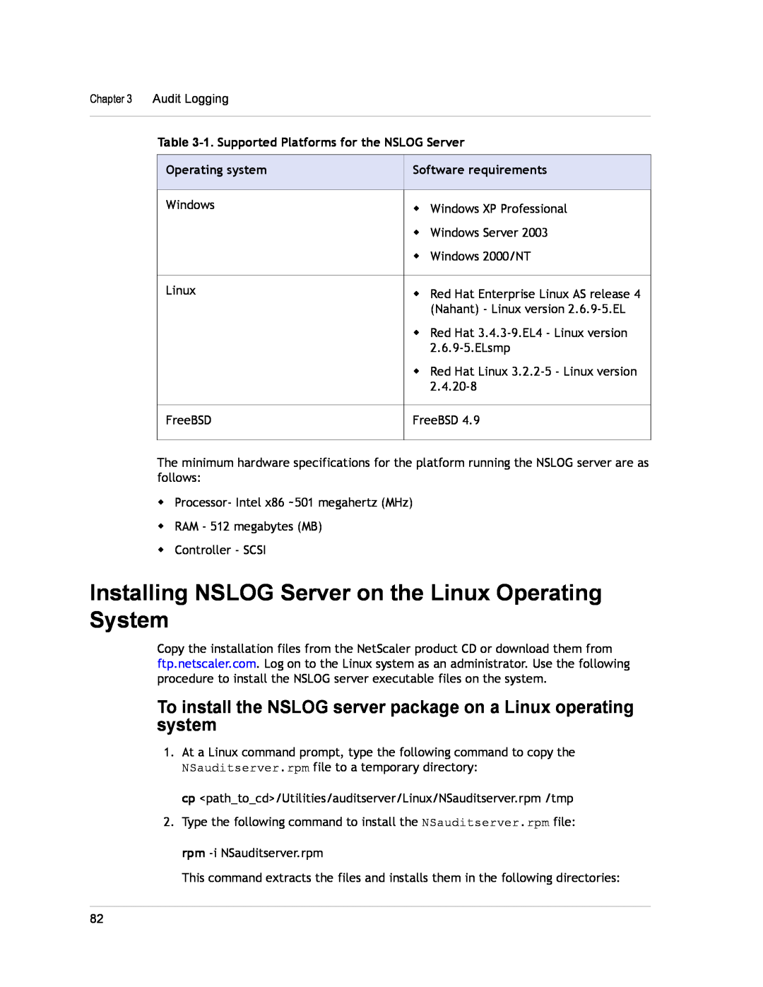 Citrix Systems CITRIX NETSCALER 9.3 manual Installing NSLOG Server on the Linux Operating System, Operating system 