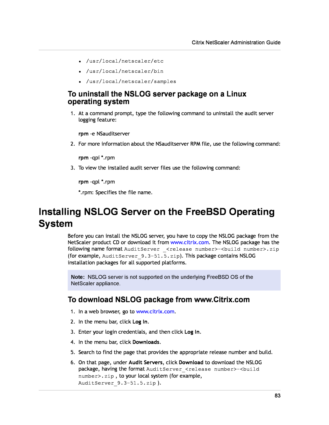 Citrix Systems CITRIX NETSCALER 9.3 manual Installing NSLOG Server on the FreeBSD Operating System 