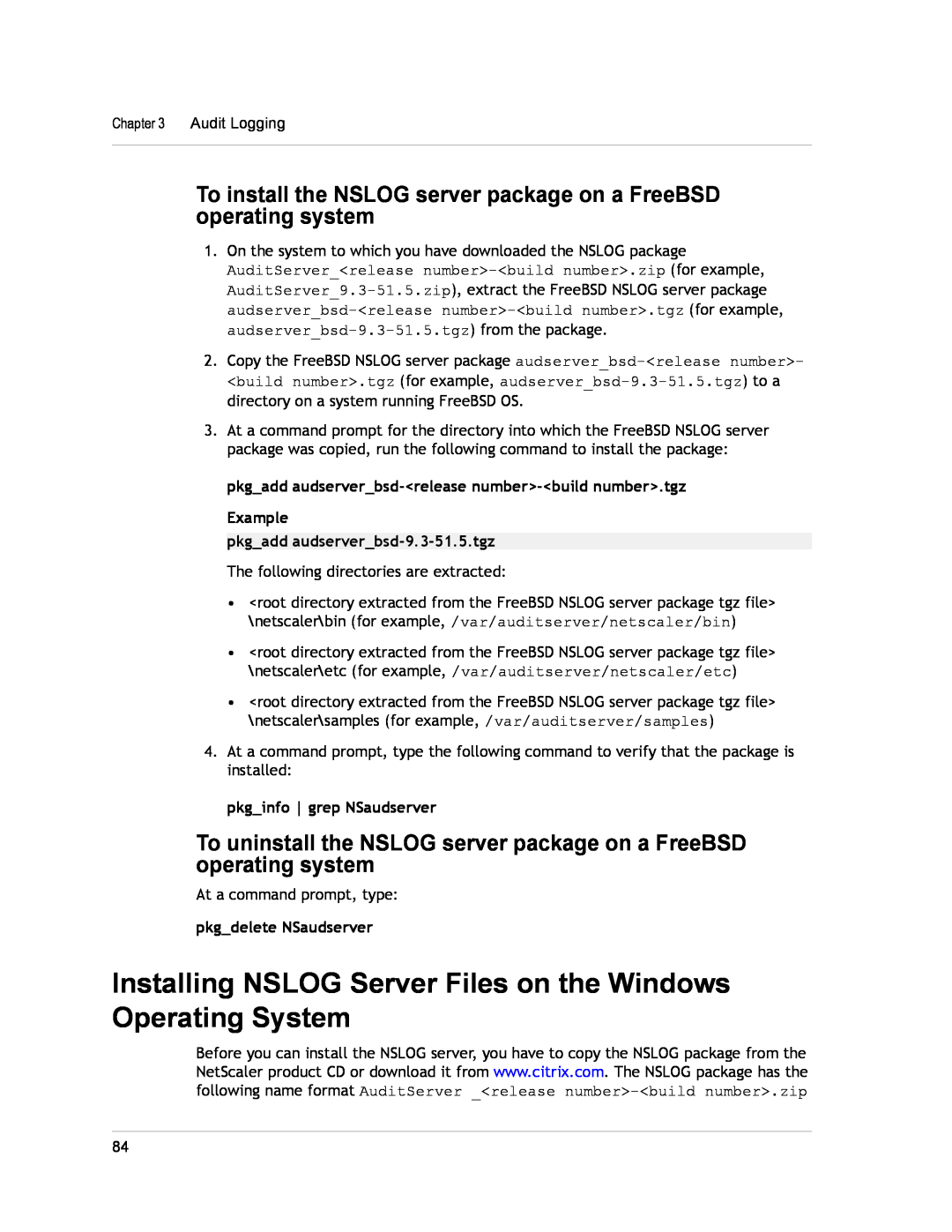 Citrix Systems CITRIX NETSCALER 9.3 Installing NSLOG Server Files on the Windows Operating System, pkgdelete NSaudserver 