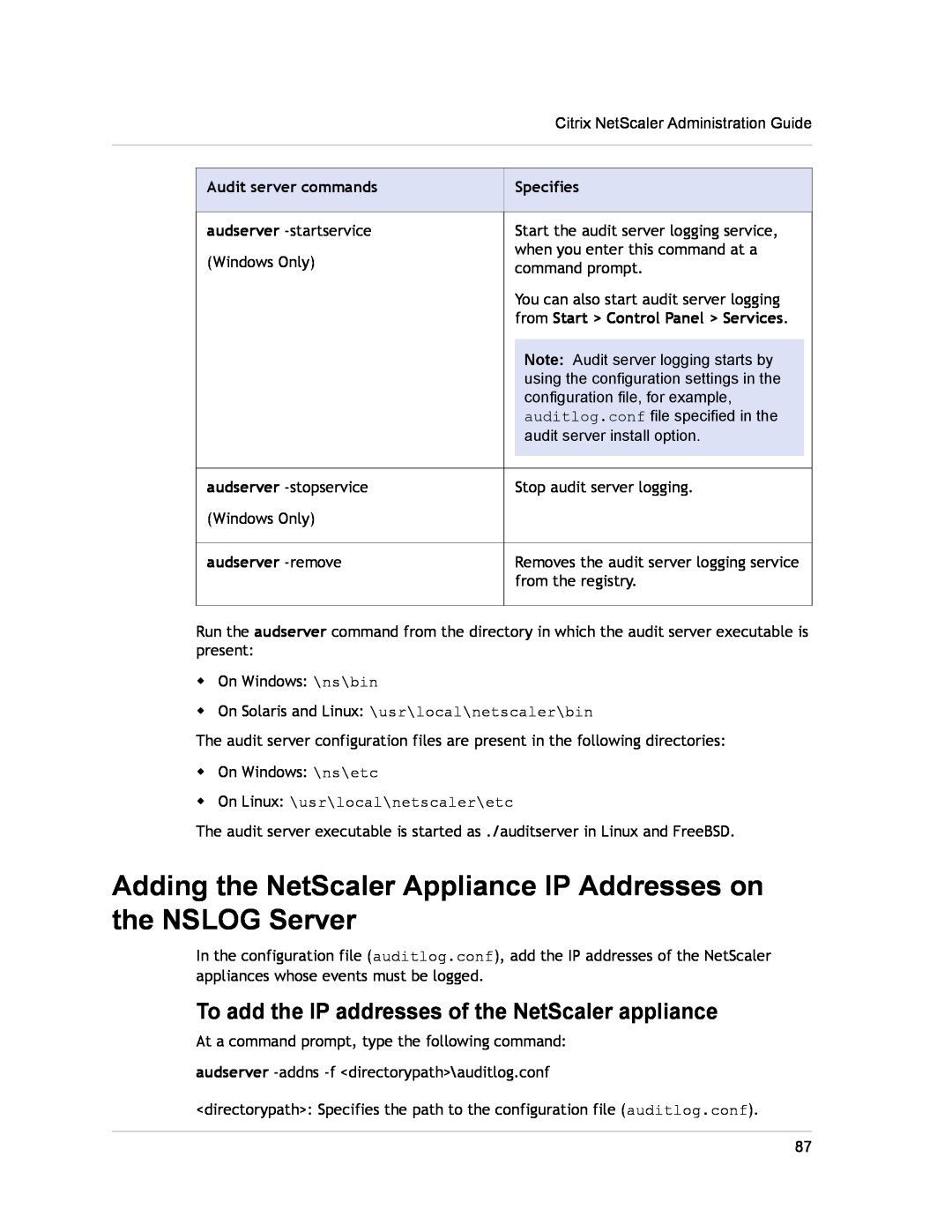 Citrix Systems CITRIX NETSCALER 9.3 Adding the NetScaler Appliance IP Addresses on the NSLOG Server, Audit server commands 